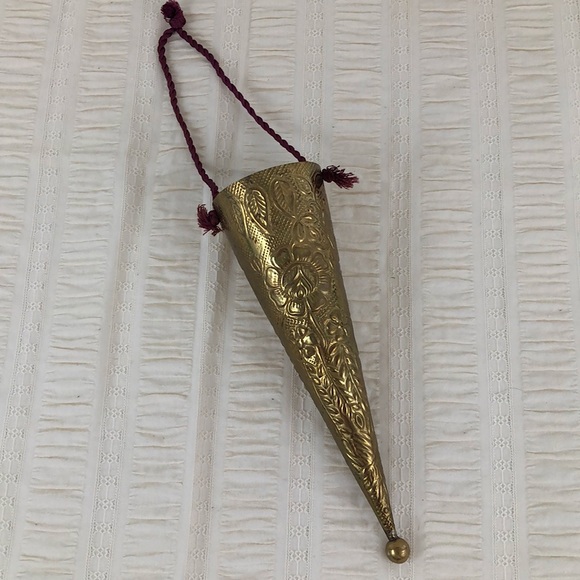 Vintage Solid Brass Floral Cone Hanging Vase